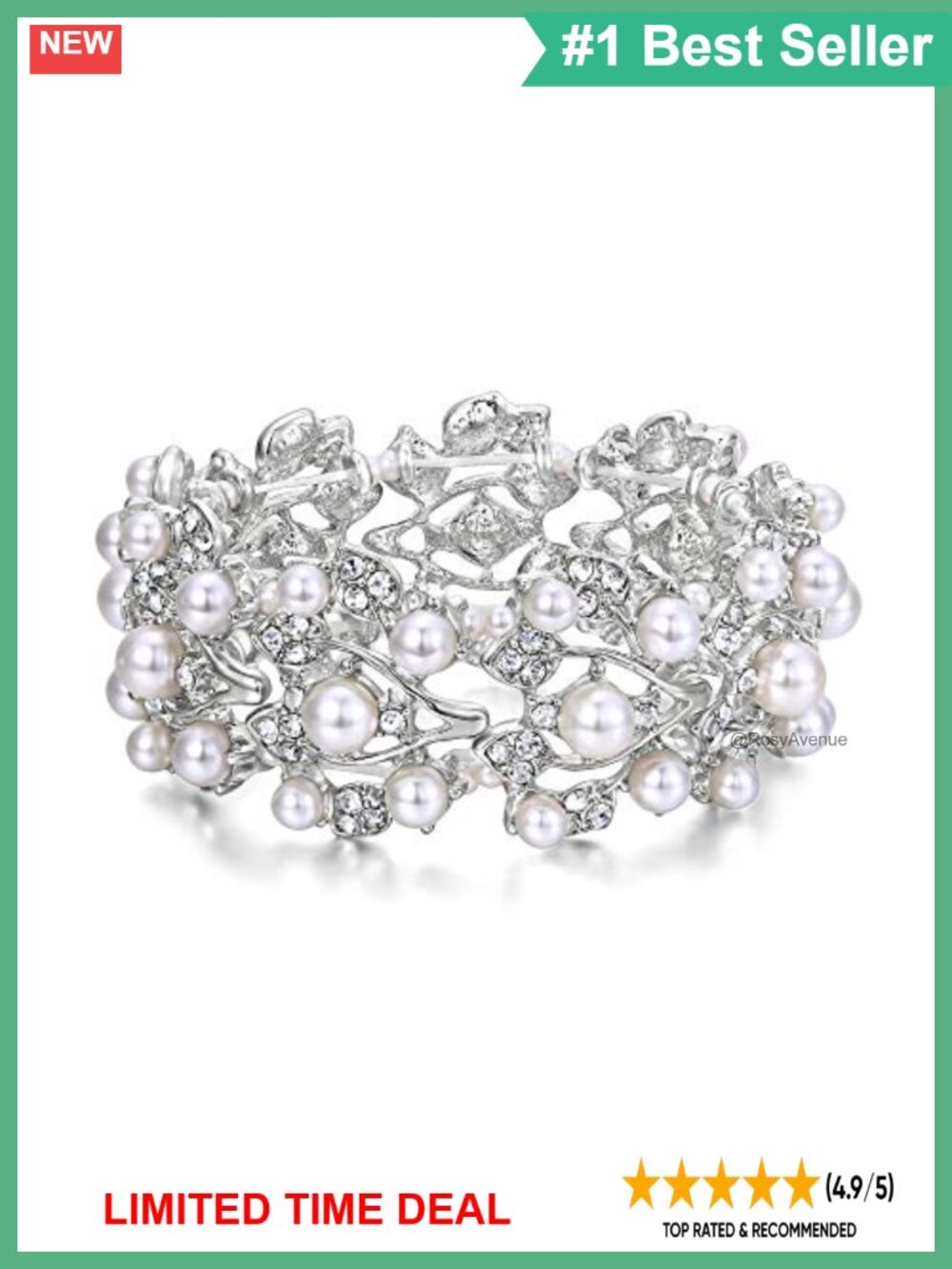 Crystal Faux Pearl Vine Leaf Stretch Bracelet Wedding Vintage Style